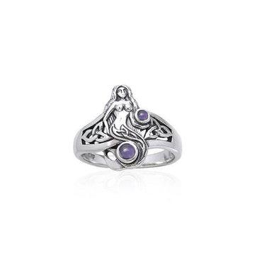 Celtic Mermaid Silver Ring With Gemstone TRI045 - Jewelry
